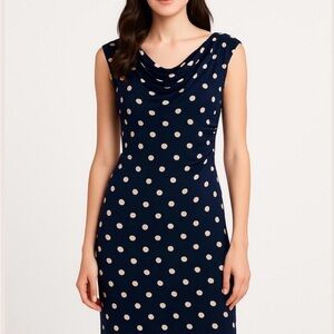 Sleeveless Navy Polka Dot Cowl Neck Midi Dress Size 16
